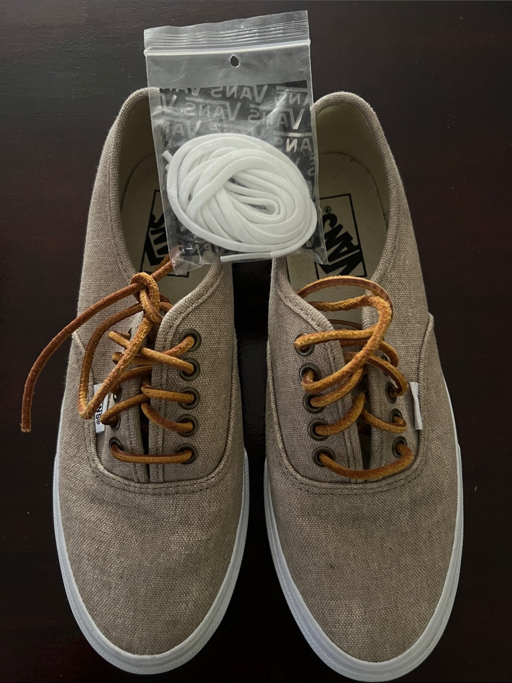 Vans Women’s Low-Top Canvas Sneakers in Taupe with Brown Laces